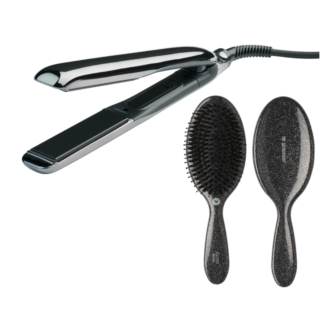 HH Simonsen True Divinity Mk2 Limited Edition plaukų tiesinimo žnyplės + Gloss Brush šepetys, sidabrinis rinkinys