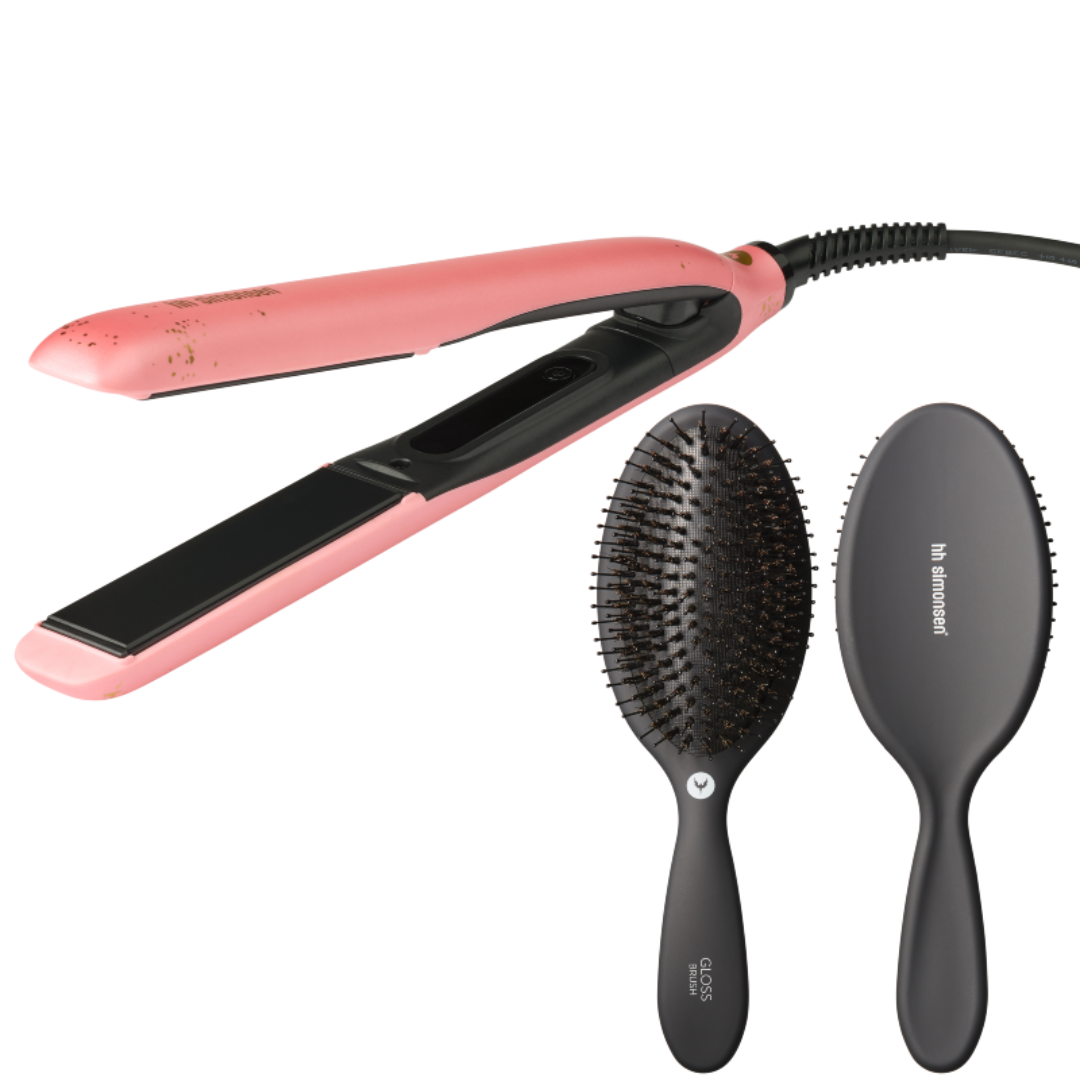 HH Simonsen True Divinity MK2 plaukų tiesinimo žnyplės + Gloss Brush šepetys, Peachy Gold rinkinys